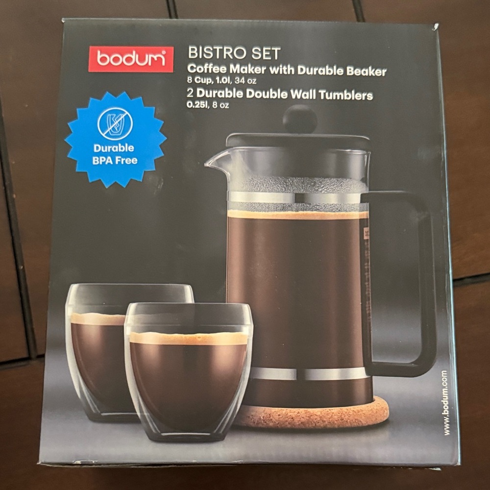 New in Box Bodum Bistro Set with Black Coffee Maker and Tumblers